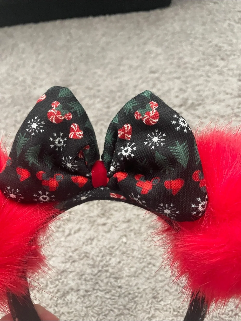 Disney Christmas Red Pom Pom Minnie Ear with Black Holiday Bow